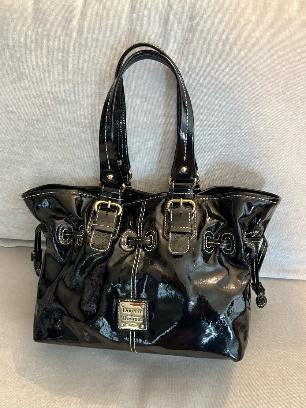 Dooney & Bourke Black Patent Leather Drawstring Shoulder Bag
